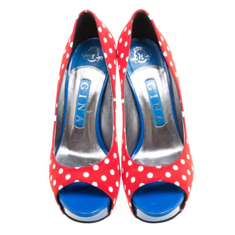 Pre Owned Gina Tricolor Polka Dot Print Canvas Peep Toe Platform Pumps Size 37.5