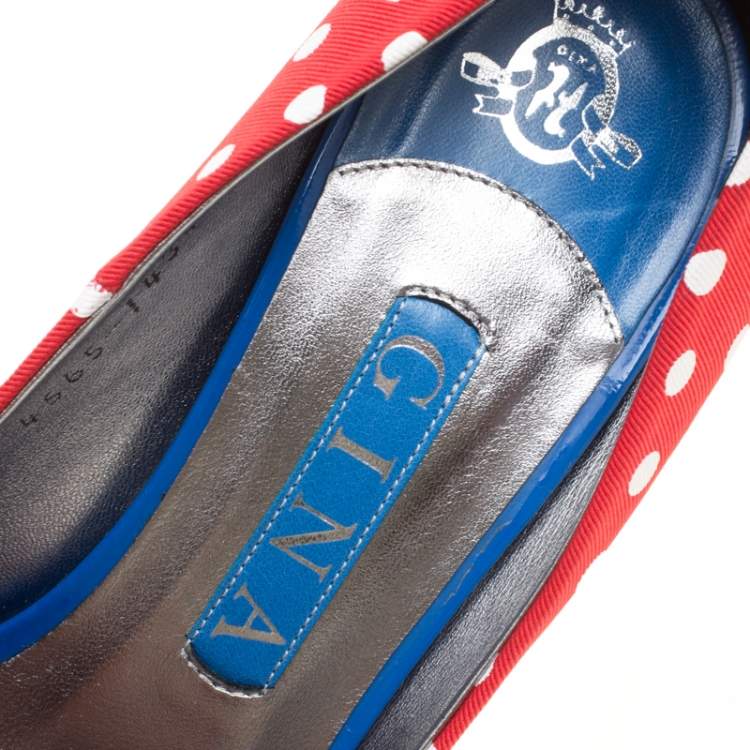Pre Owned Gina Tricolor Polka Dot Print Canvas Peep Toe Platform Pumps Size 37.5