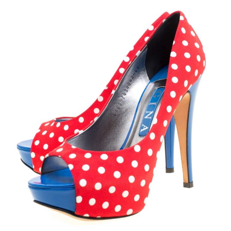 Pre Owned Gina Tricolor Polka Dot Print Canvas Peep Toe Platform Pumps Size 37.5