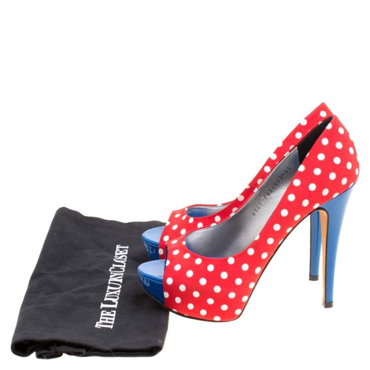 Pre Owned Gina Tricolor Polka Dot Print Canvas Peep Toe Platform Pumps Size 37.5