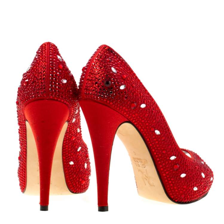 Pre Owned Gina Red Satin Crystal Embellished Peep Toe Platform Pumps Size 37