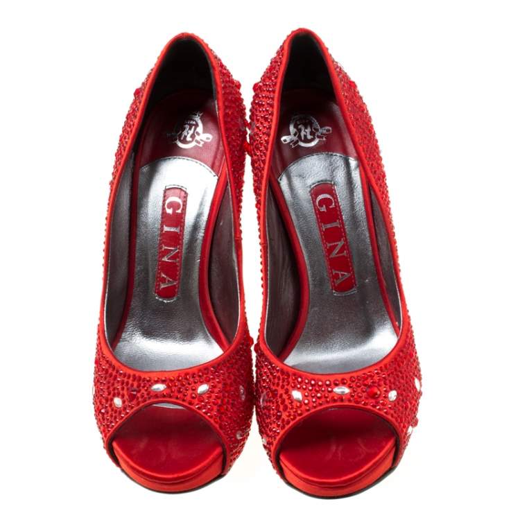 Pre Owned Gina Red Satin Crystal Embellished Peep Toe Platform Pumps Size 37