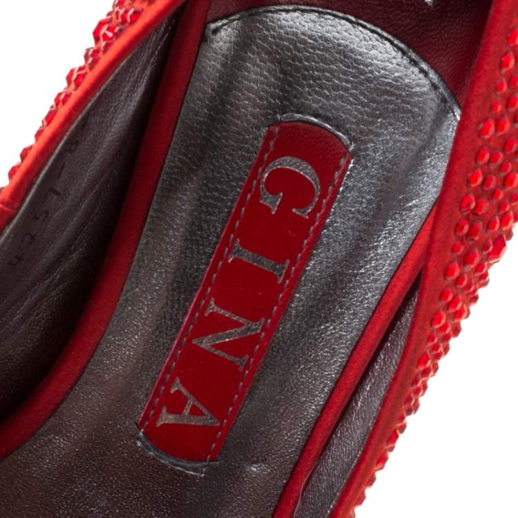 Pre Owned Gina Red Satin Crystal Embellished Peep Toe Platform Pumps Size 37