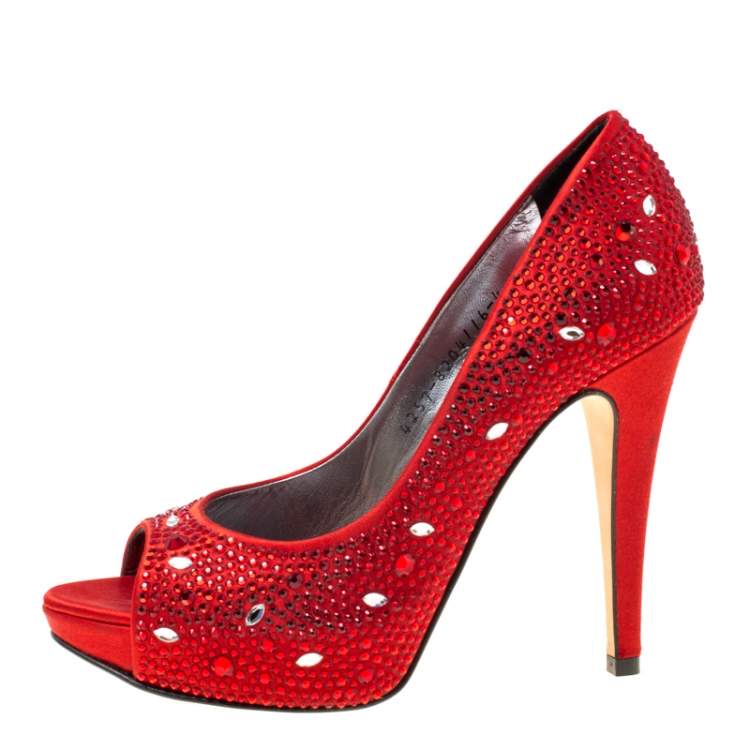 Pre Owned Gina Red Satin Crystal Embellished Peep Toe Platform Pumps Size 37