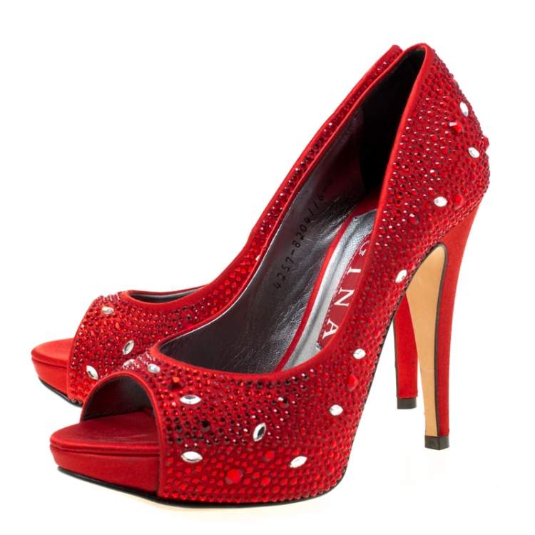 Pre Owned Gina Red Satin Crystal Embellished Peep Toe Platform Pumps Size 37
