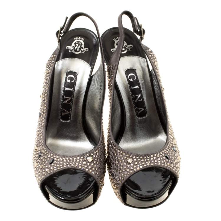 Pre Owned Gina Grey Satin Crystal Embellished Platform Peep Toe Slingback Sandals Size 37
