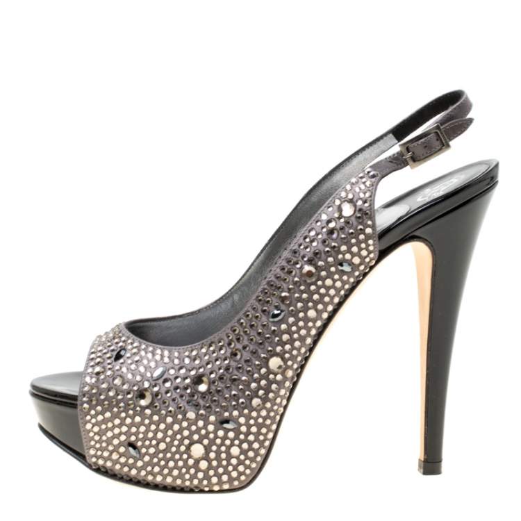Pre Owned Gina Grey Satin Crystal Embellished Platform Peep Toe Slingback Sandals Size 37