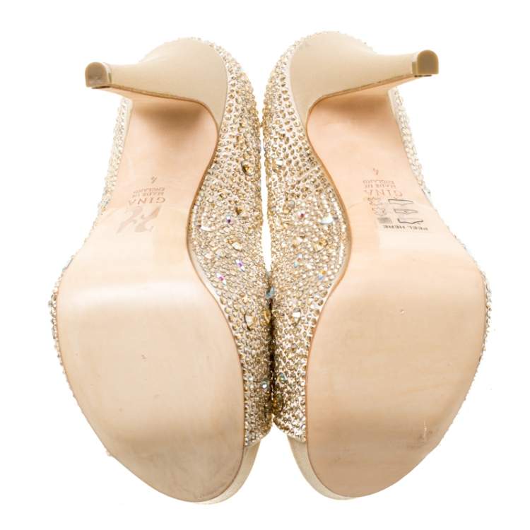 Pre Owned Gina Beige Satin Crystal Embellished Peep Toe Platform Pumps Size 37