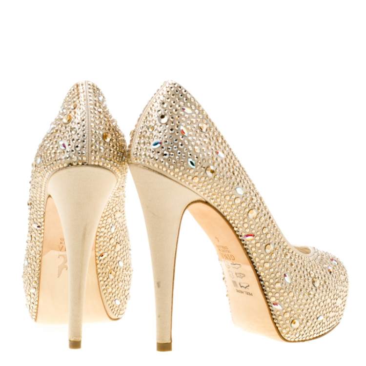 Pre Owned Gina Beige Satin Crystal Embellished Peep Toe Platform Pumps Size 37