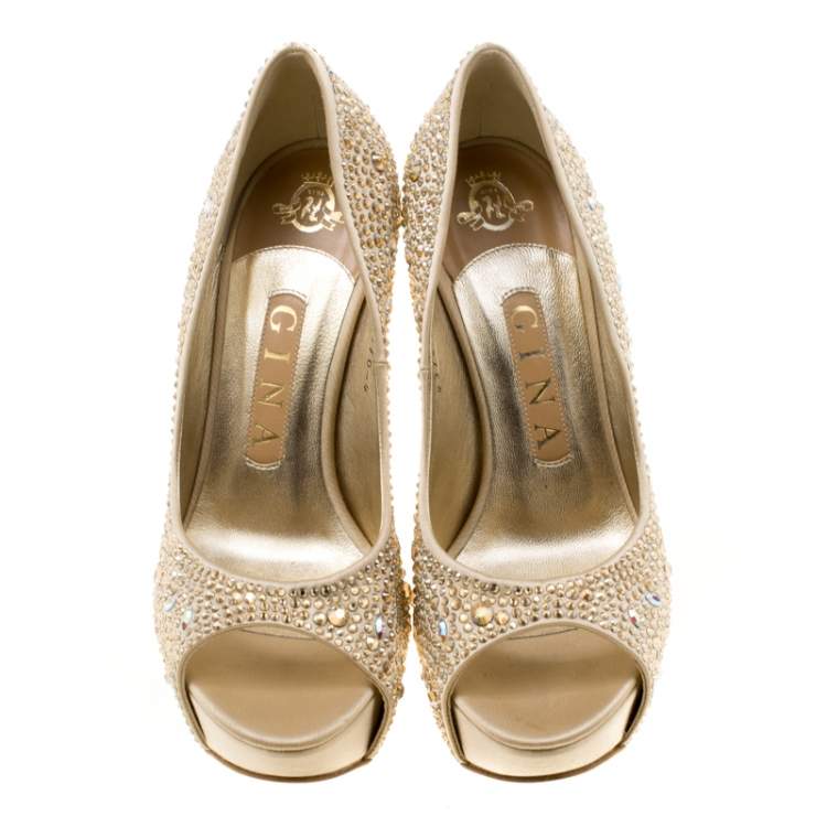 Pre Owned Gina Beige Satin Crystal Embellished Peep Toe Platform Pumps Size 37