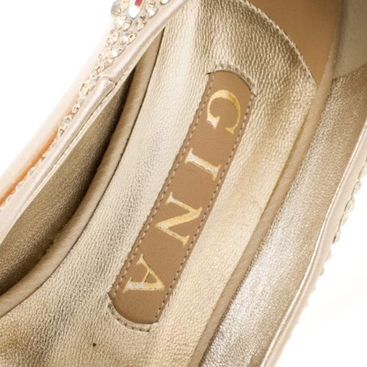 Pre Owned Gina Beige Satin Crystal Embellished Peep Toe Platform Pumps Size 37