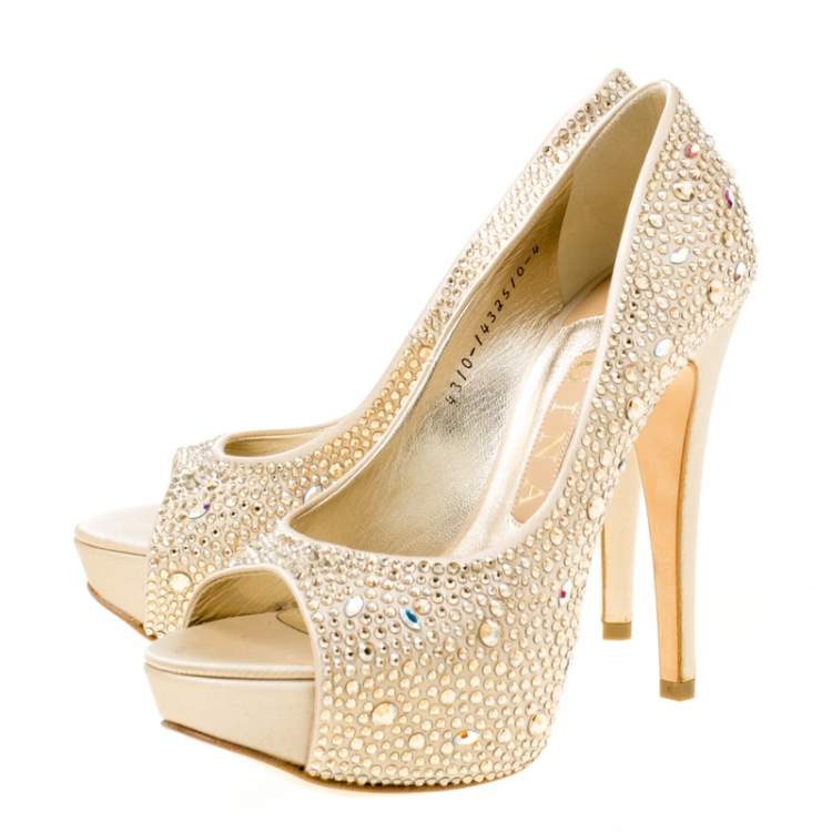 Pre Owned Gina Beige Satin Crystal Embellished Peep Toe Platform Pumps Size 37