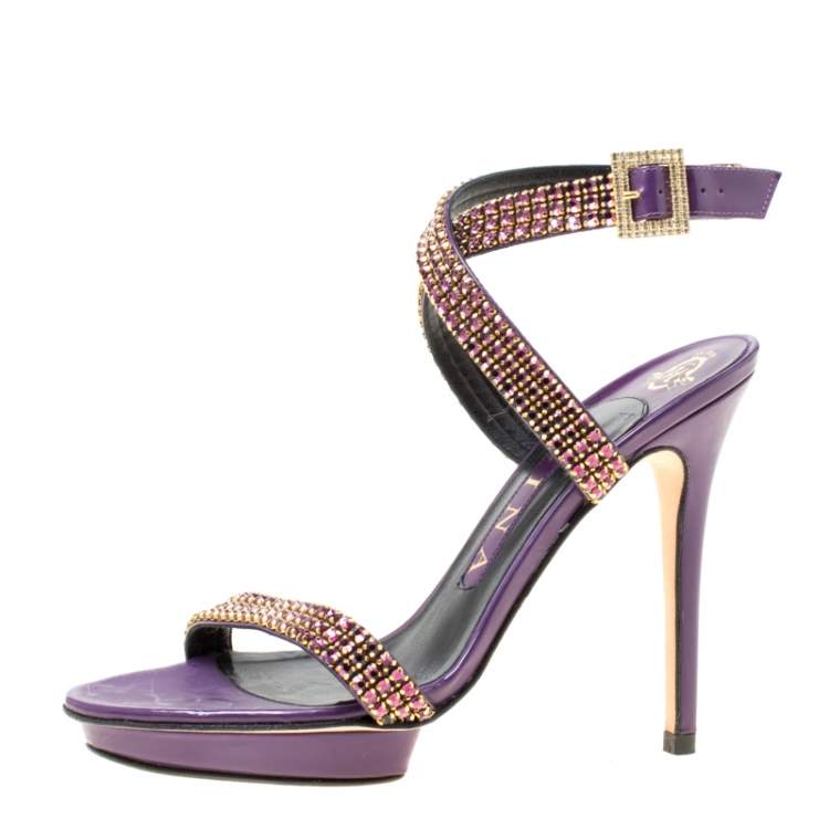Pre Owned Gina Purple Crystal Embellished Leather Cross Ankle Strap Sandals Size 37