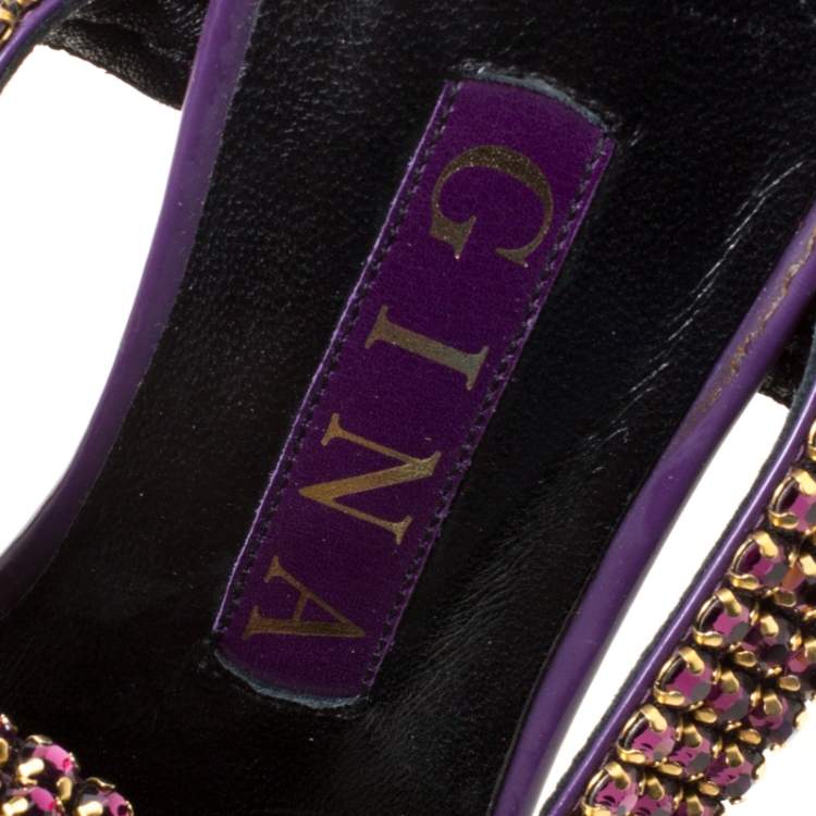 Pre Owned Gina Purple Crystal Embellished Leather Cross Ankle Strap Sandals Size 37