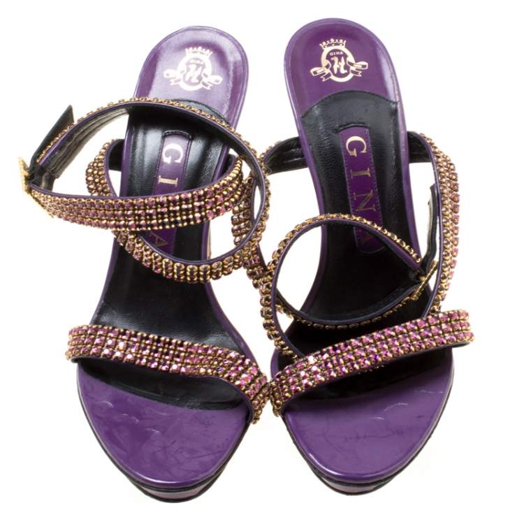 Pre Owned Gina Purple Crystal Embellished Leather Cross Ankle Strap Sandals Size 37