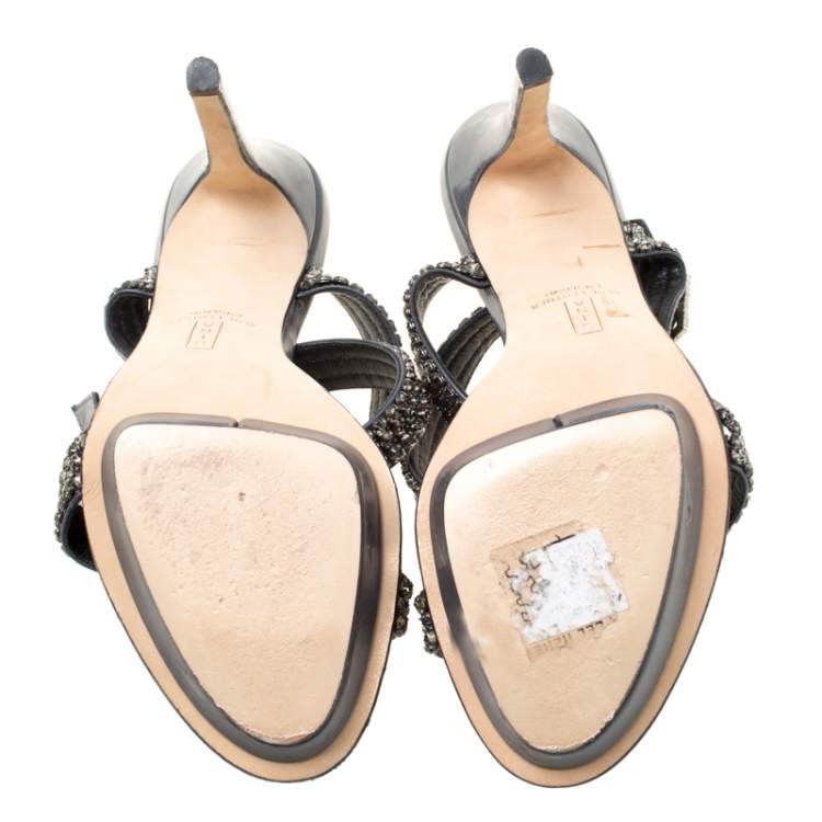 Pre Owned Gina Dark Grey Crystal Embellished Leather Cross Ankle Strap Sandals Size 37