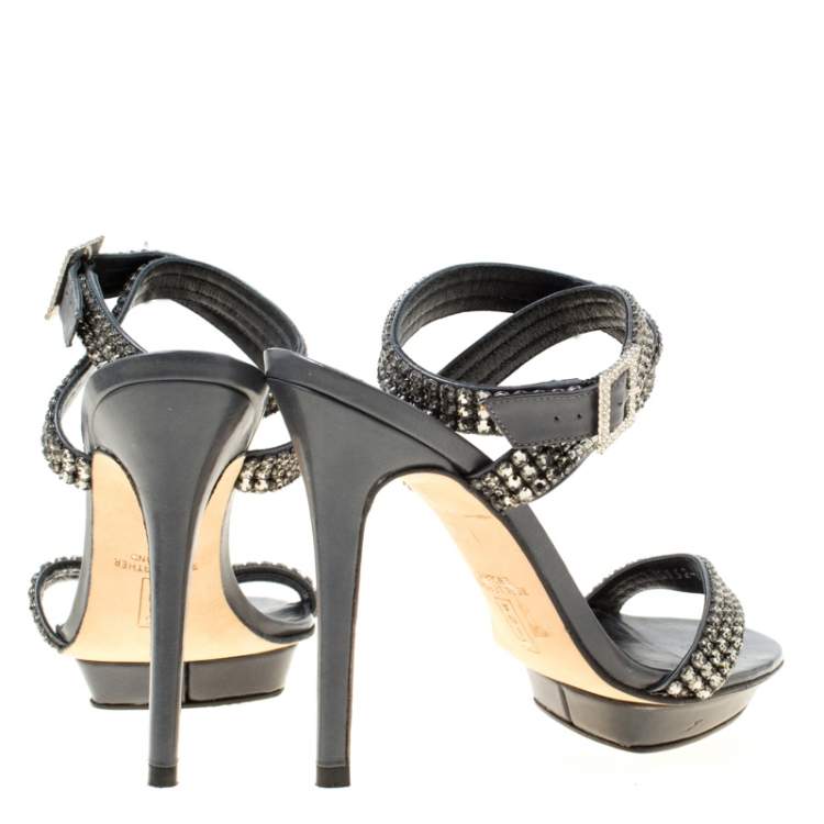 Pre Owned Gina Dark Grey Crystal Embellished Leather Cross Ankle Strap Sandals Size 37
