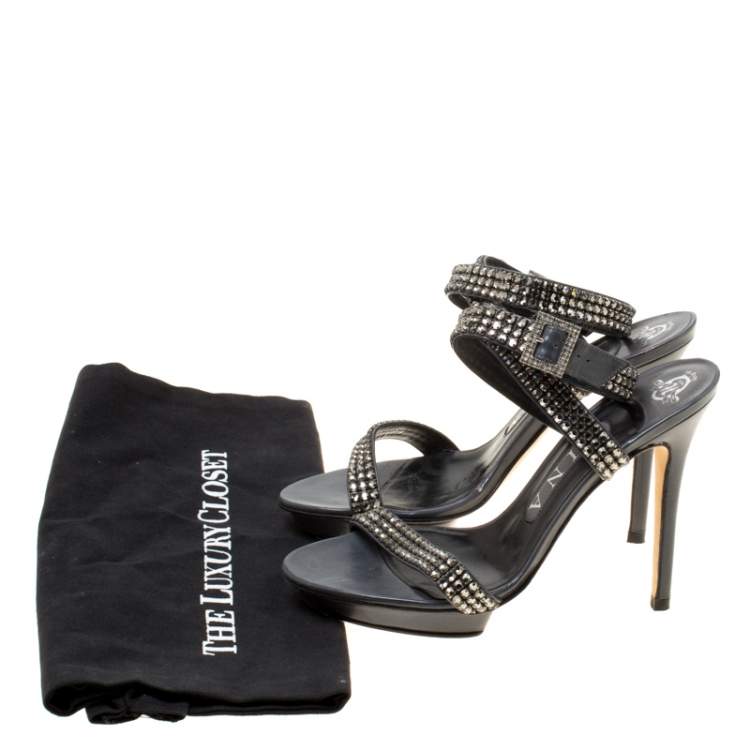 Pre Owned Gina Dark Grey Crystal Embellished Leather Cross Ankle Strap Sandals Size 37