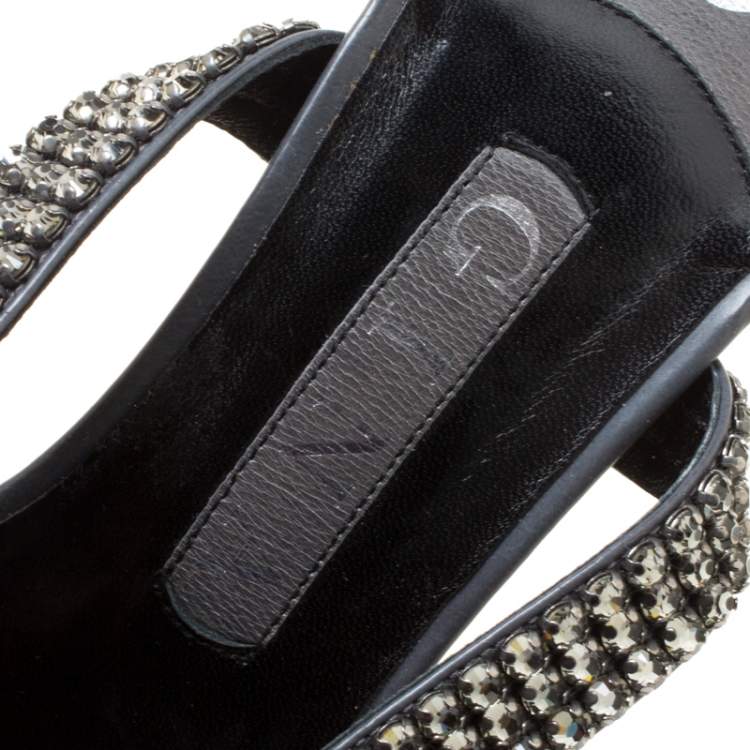 Pre Owned Gina Dark Grey Crystal Embellished Leather Cross Ankle Strap Sandals Size 37