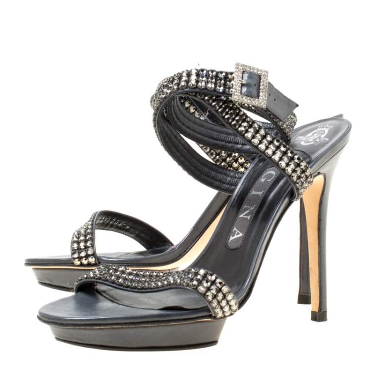 Pre Owned Gina Dark Grey Crystal Embellished Leather Cross Ankle Strap Sandals Size 37