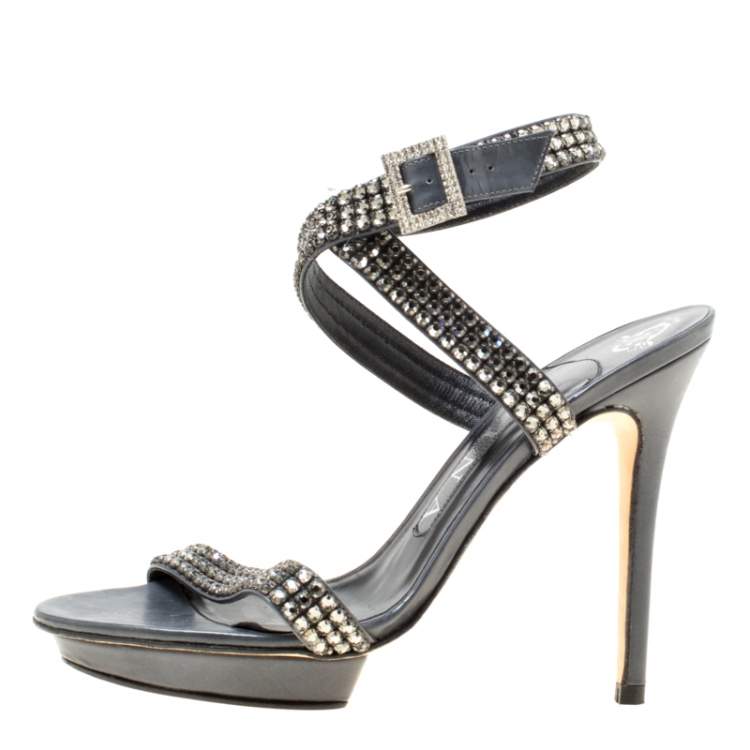 Pre Owned Gina Dark Grey Crystal Embellished Leather Cross Ankle Strap Sandals Size 37