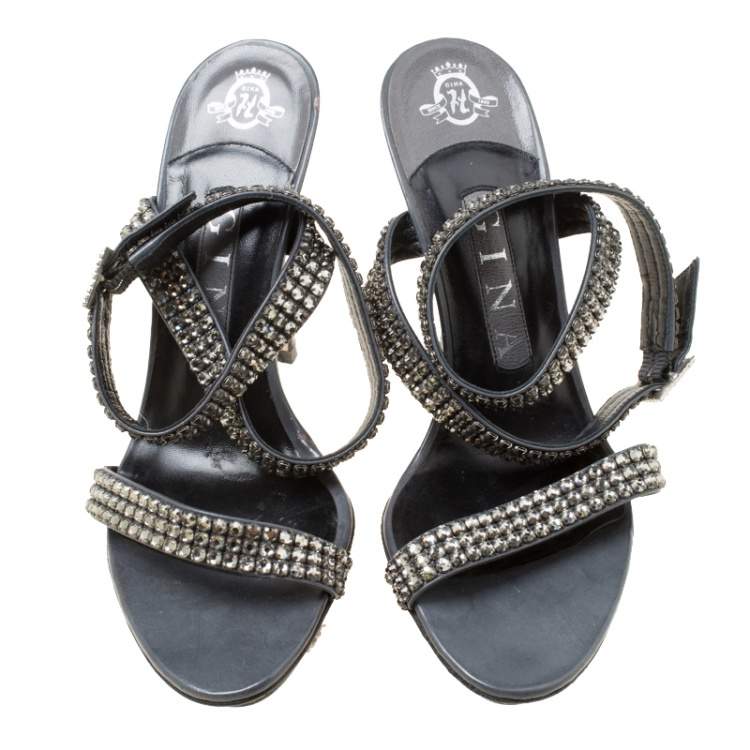 Pre Owned Gina Dark Grey Crystal Embellished Leather Cross Ankle Strap Sandals Size 37