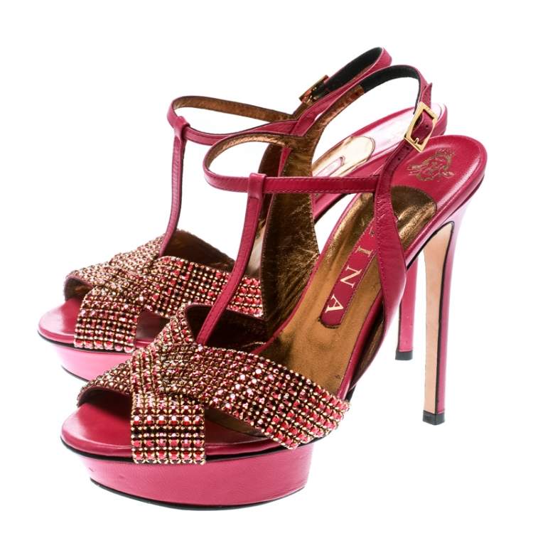 Pre Owned Gina Pink Crystal Embellished Leather T Strap Platform Sandals Size 38