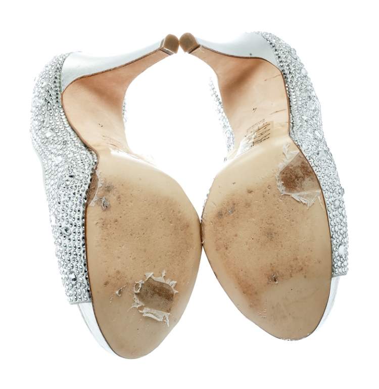 Pre Owned Gina Light Grey Satin Crystal Embellished Peep Toe Platform Pumps Size 37