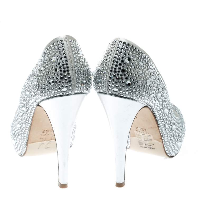 Pre Owned Gina Light Grey Satin Crystal Embellished Peep Toe Platform Pumps Size 37