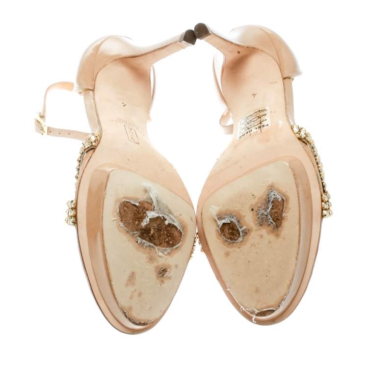Pre Owned Gina Beige Leather Crystal Embellished Ankle Strap Platform Sandals Size 37