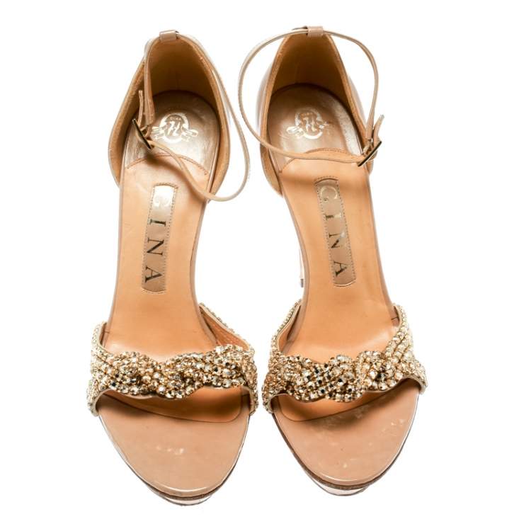 Pre Owned Gina Beige Leather Crystal Embellished Ankle Strap Platform Sandals Size 37