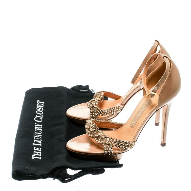 Pre Owned Gina Beige Leather Crystal Embellished Ankle Strap Platform Sandals Size 37