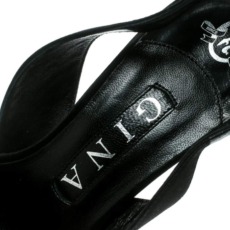 Pre Owned Gina Black Satin Crystal Embellished Slingback Sandals Size 37