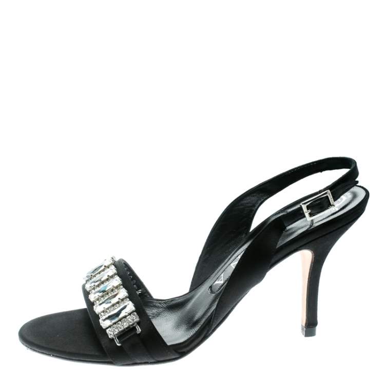 Gina Black Satin Crystal Embellished Slingback Sandals Size 37