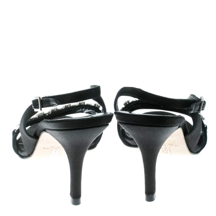Pre Owned Gina Black Satin Crystal Embellished Slingback Sandals Size 37