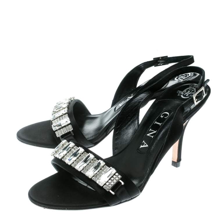 Pre Owned Gina Black Satin Crystal Embellished Slingback Sandals Size 37