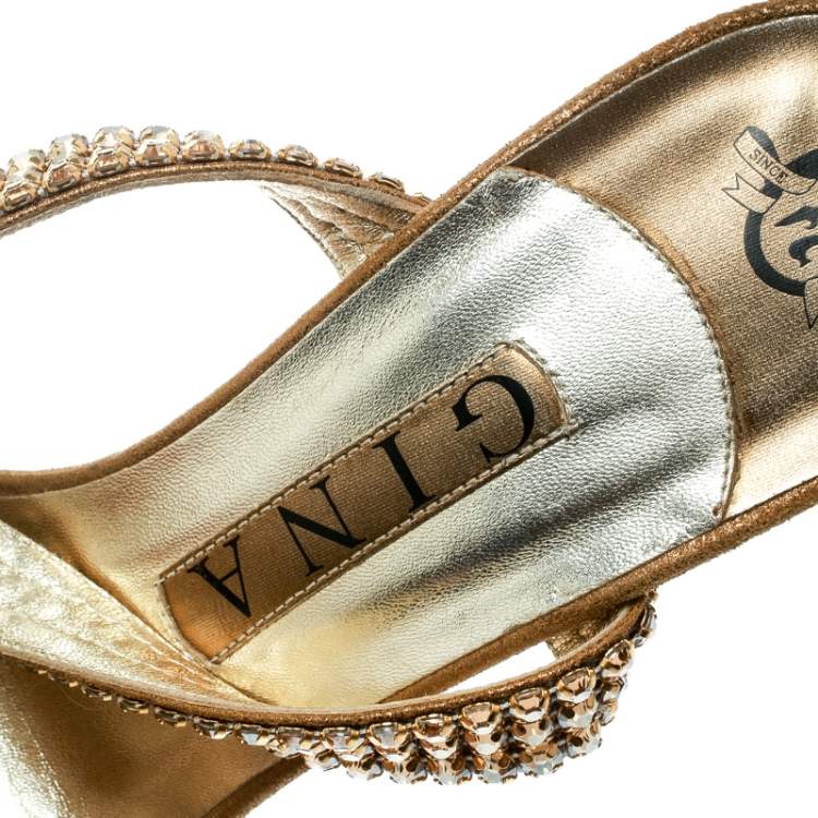 Pre Owned Gina Metallic Gold Suede Crystal Embellished Cross Ankle Strap Sandals Size 37