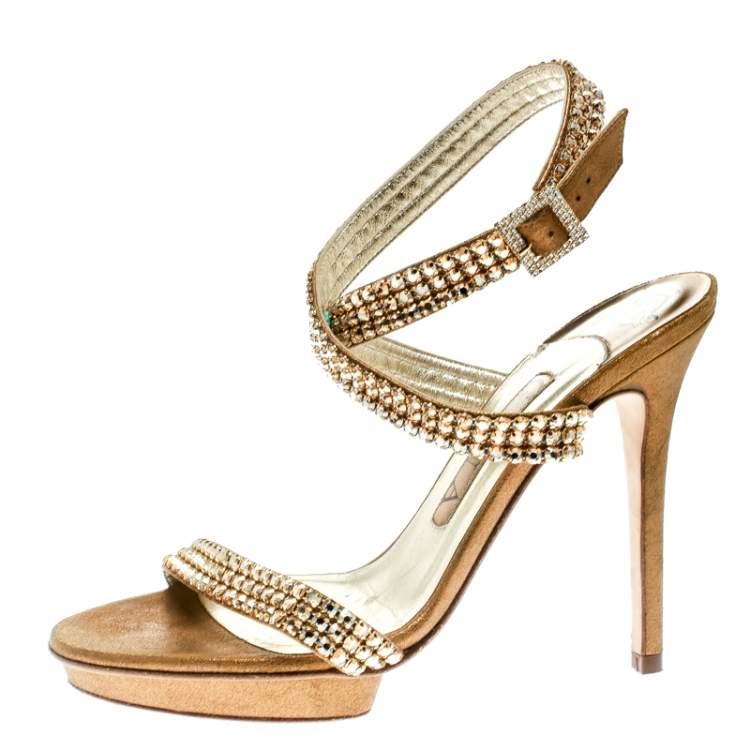 Pre Owned Gina Metallic Gold Suede Crystal Embellished Cross Ankle Strap Sandals Size 37