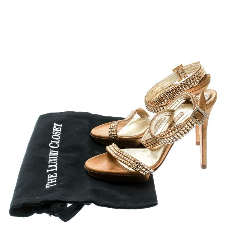 Pre Owned Gina Metallic Gold Suede Crystal Embellished Cross Ankle Strap Sandals Size 37