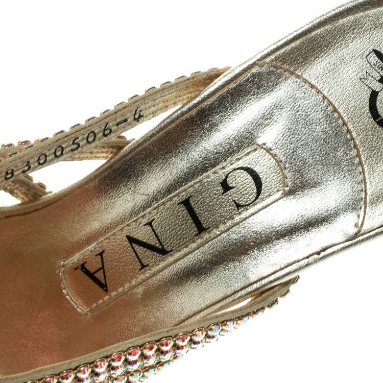 Pre Owned Gina Gold Crystal Embellished Leather Sandals Size 37