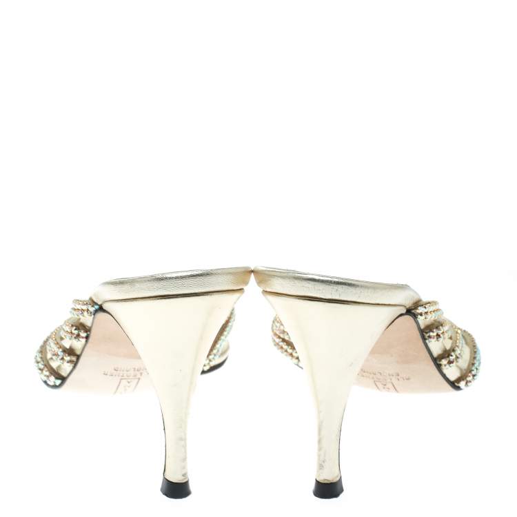 Pre Owned Gina Gold Crystal Embellished Leather Sandals Size 37