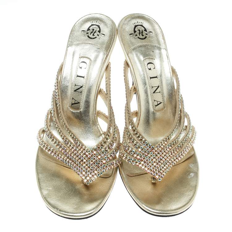 Pre Owned Gina Gold Crystal Embellished Leather Sandals Size 37
