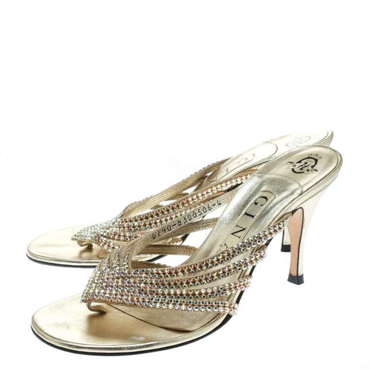 Pre Owned Gina Gold Crystal Embellished Leather Sandals Size 37