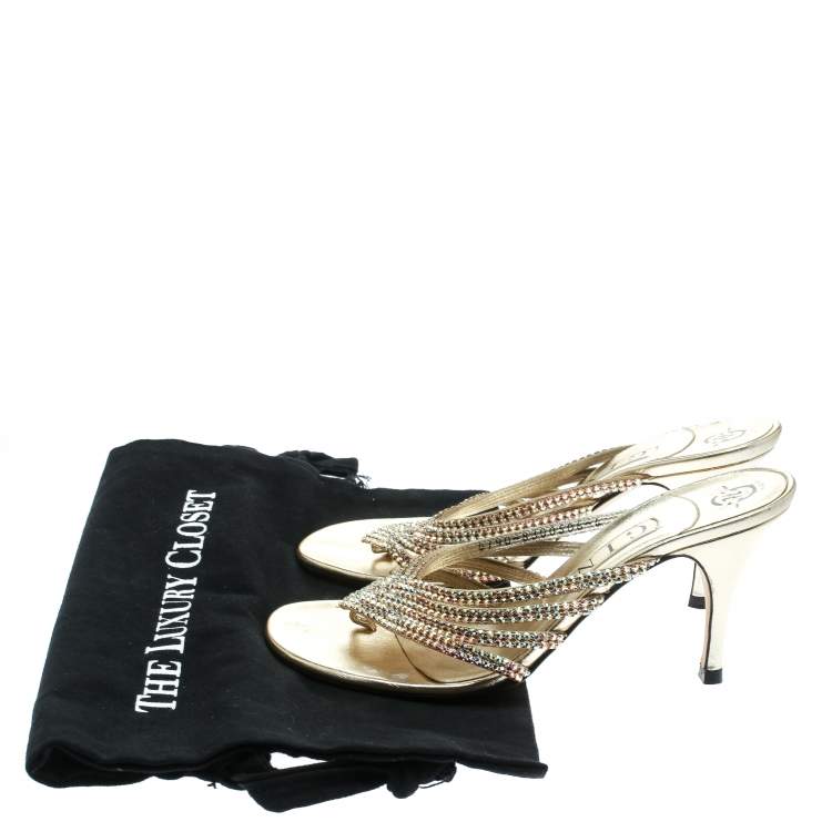Pre Owned Gina Gold Crystal Embellished Leather Sandals Size 37