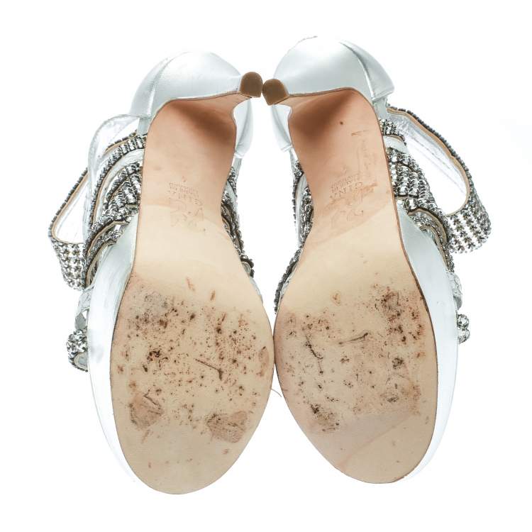 Pre Owned Gina Silver Crystal Embellished Leather and Python Strappy Platform Sandals Size 37