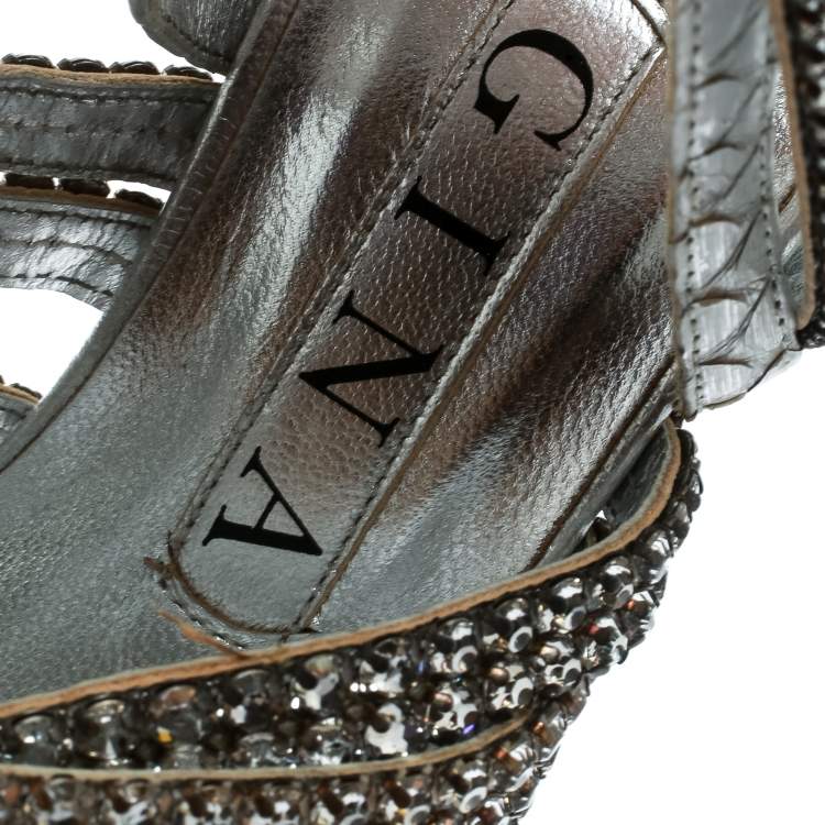 Pre Owned Gina Silver Crystal Embellished Leather and Python Strappy Platform Sandals Size 37