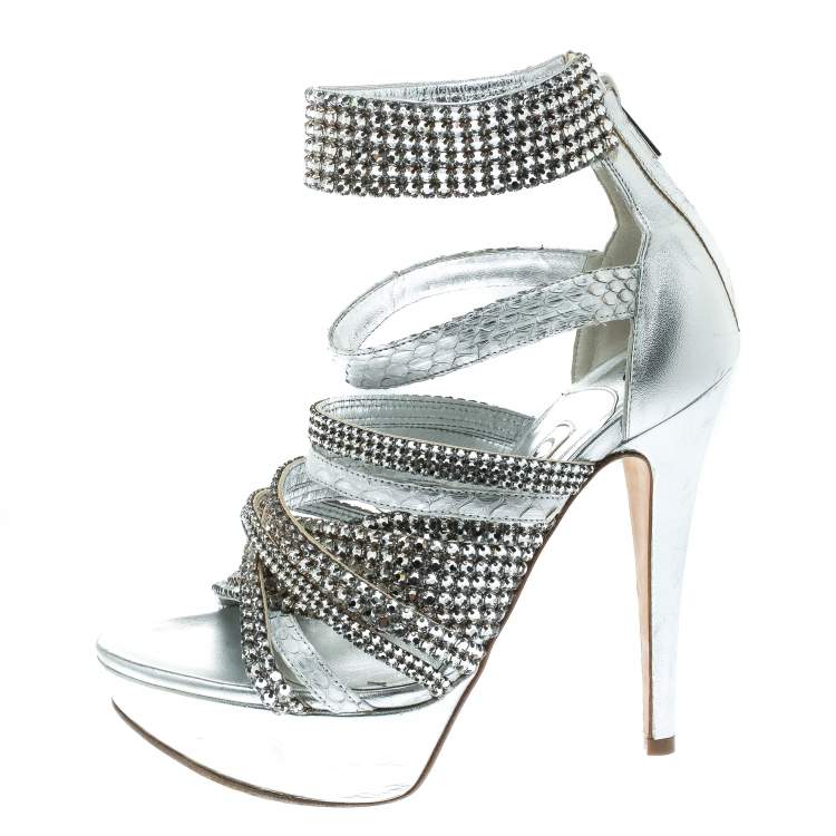 Pre Owned Gina Silver Crystal Embellished Leather and Python Strappy Platform Sandals Size 37