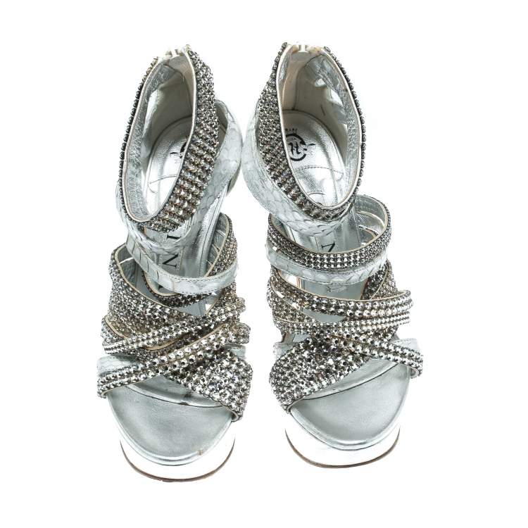 Pre Owned Gina Silver Crystal Embellished Leather and Python Strappy Platform Sandals Size 37