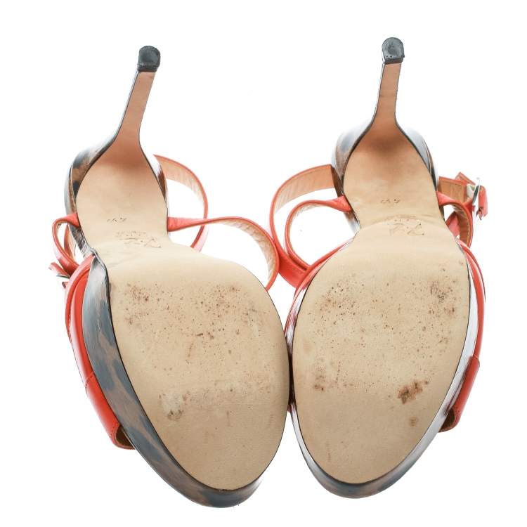 Pre Owned Gina Orange Leather Ankle Strap Platform Sandals Size 37.5