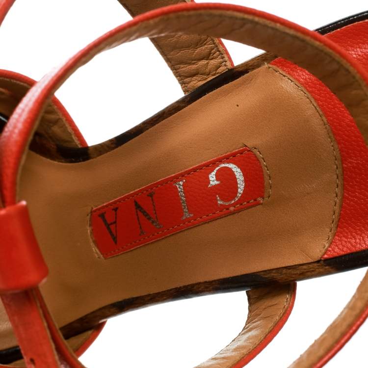Pre Owned Gina Orange Leather Ankle Strap Platform Sandals Size 37.5